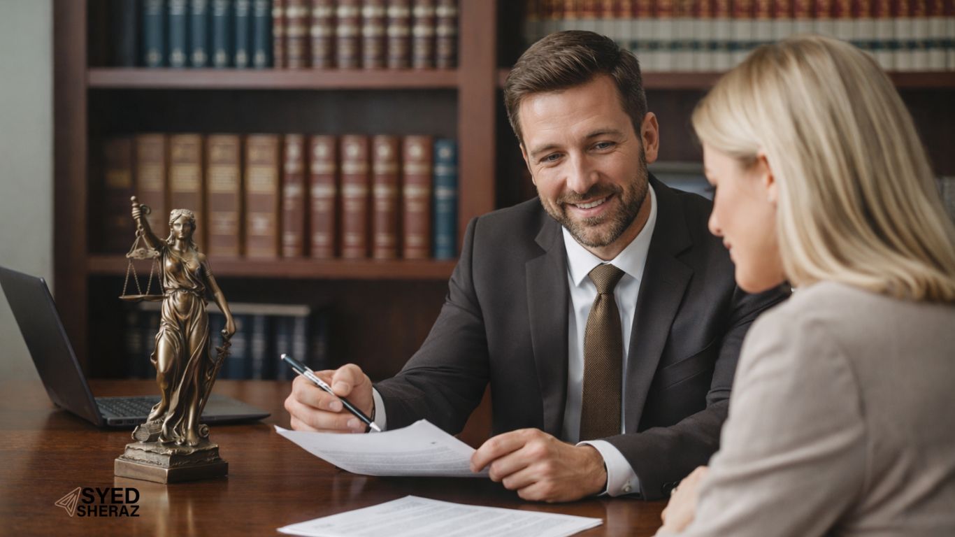 lawyer consulting client in office by Syed Sheraz